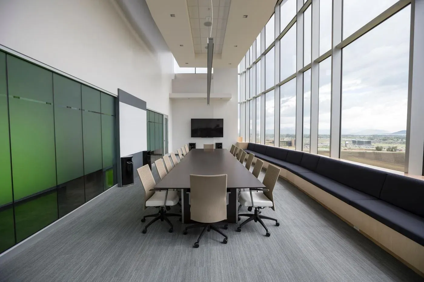 Spotless boardroom with floor-to-ceiling windows